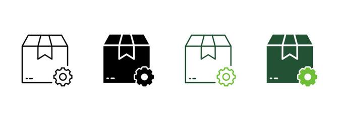 Parcel Box with Gear Silhouette and Line Icon. Shipping Order Carton Pack Pictogram. Delivery Service Setting Cogwheel and Cardboard Packaging Symbol. Editable Stroke. Isolated Vector Illustration