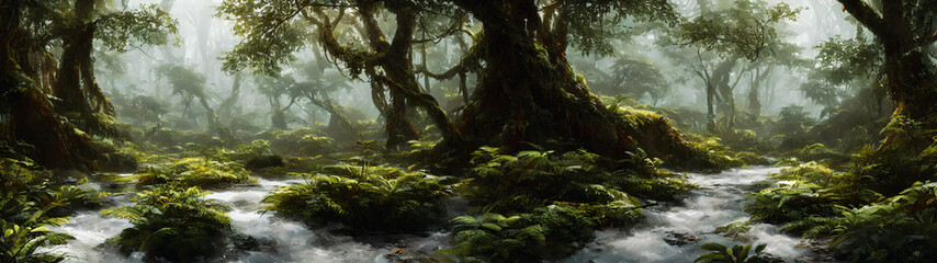 Fototapeta na wymiar Artistic concept illustration of a rain forest, background illustration.