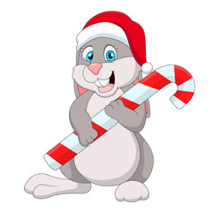 Cute bunny cartoon carrying christmas candy. Vector illustration