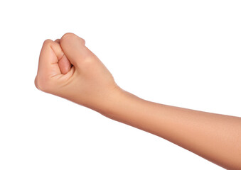 Woman showing fist on white background, closeup of hand
