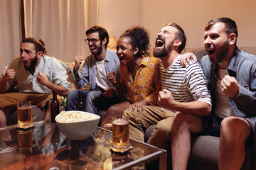 Multiracial football fans watching soccer match on TV and celebrating victory. World cup...