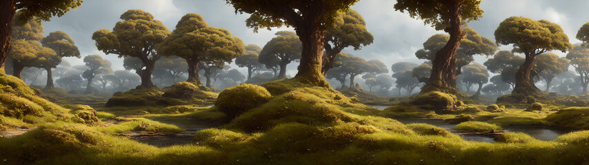 Obraz na płótnie Canvas Artistic concept illustration of a panoramic forest landscape, background illustration.