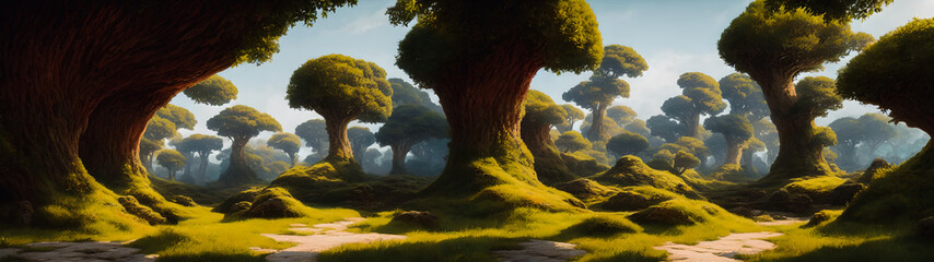 Artistic concept illustration of a panoramic forest landscape, background illustration.