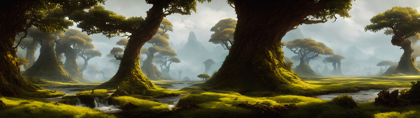 Artistic concept illustration of a panoramic forest landscape, background illustration.