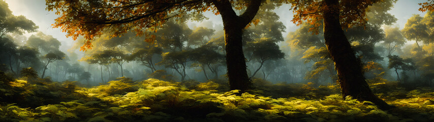 Fototapeta na wymiar Artistic concept illustration of a panoramic forest landscape, background illustration.