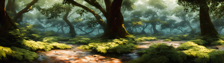 Artistic concept illustration of a panoramic forest landscape, background illustration.