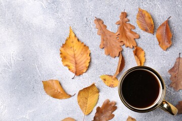 Flat lay composition with cup of hot drink and autumn leaves on light grey textured table. Space for text