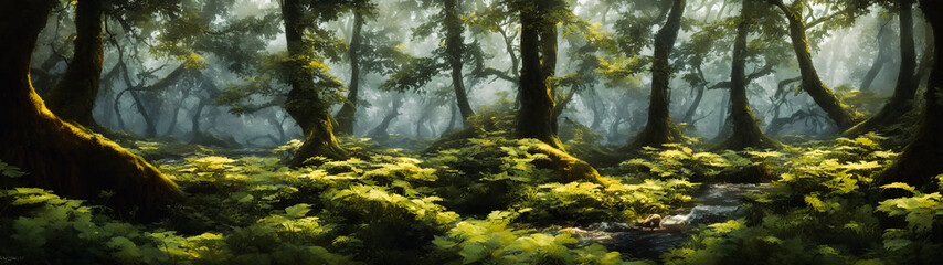Fototapeta premium Artistic concept illustration of a panoramic forest landscape, background illustration.