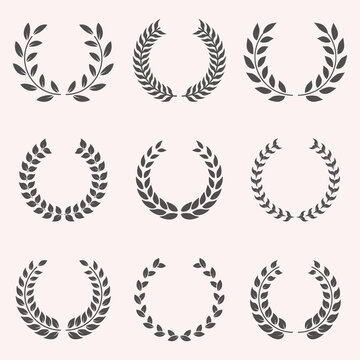 Olive Leaves Branch Award Silhouette Icon. Laurel Wreath, Success Round Ornament Pictogram, Victory Emblem Set. Champion Reward Chaplet Symbol. Accomplishment Triumph. Isolated Vector Illustration