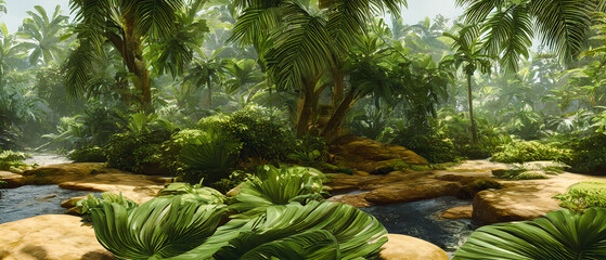 Artistic concept illustration of a panoramic tropical jungle, background illustration.