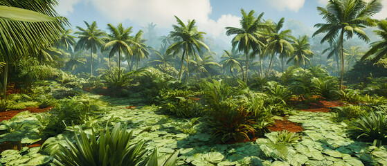 Fototapeta na wymiar Artistic concept illustration of a panoramic tropical jungle, background illustration.