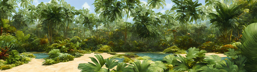 Obraz na płótnie Canvas Artistic concept illustration of a panoramic tropical jungle, background illustration.