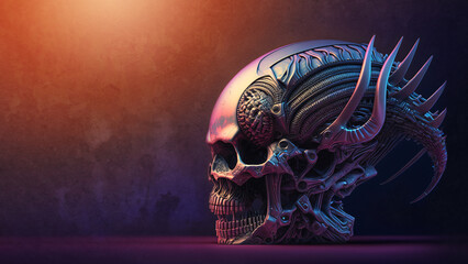 crazy human skull anatomy with spikes, fantasy alien demon, biomechanical satanic head sculpture, generative ai