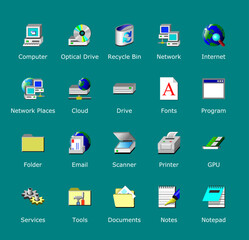 Old computer icons pack. Desktop 98 icon set. Redesigned older looking folder shortcuts. Vector signs.