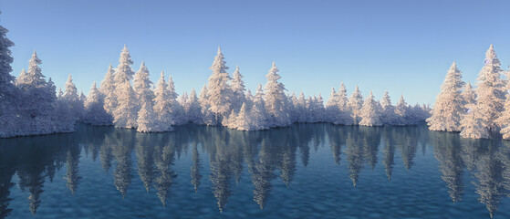 Künstlerische Konzeptillustration einer panoramischen Winterlandschaft, Hintergrundillustration.