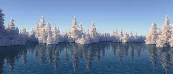 Foto op Plexiglas Mistig bos Artistic concept illustration of a panoramic winter landscape, background illustration.