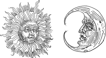 Vintage sun and moon. Hand drawn engraving medieval vintage style ink pen illustration. Antique astrological symbols. Tattoo design. Esoteric, occult, witchcraft, alchemy, boho, astrology, zodiac.