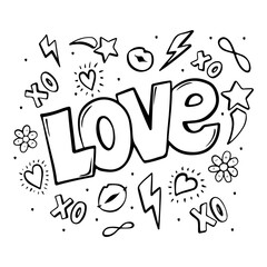 Love line art word bubble with lips, xo and stars in retro comics style for print, anti stress coloring book page, sticker