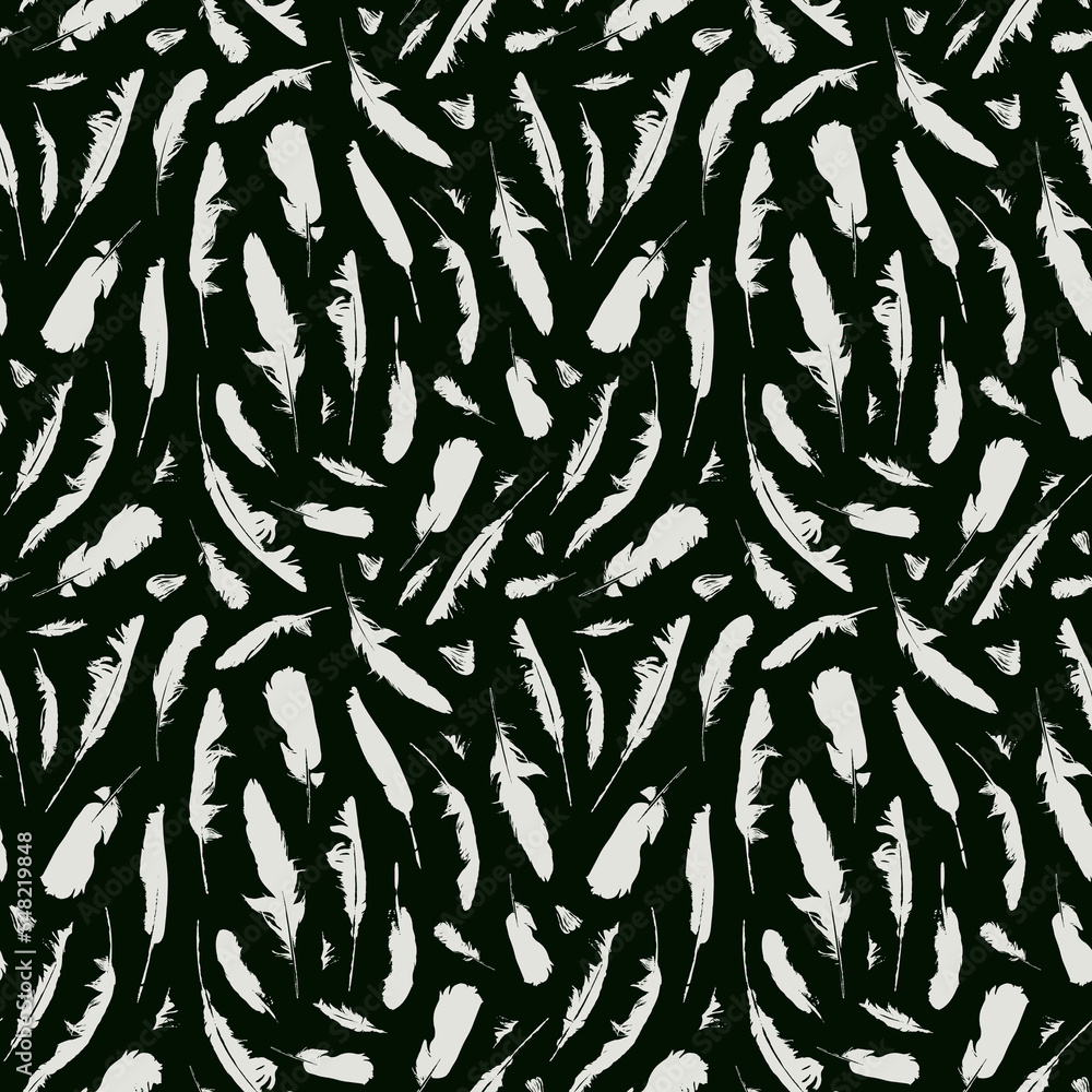 Poster monochrome seamless pattern with disheveled feathers. abstract vector background with chaotic scatte