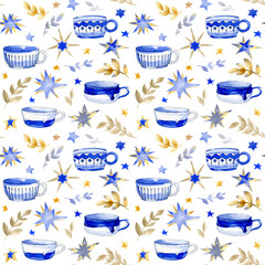 Watercolor seamless pattern. Blue tea cups, delicate  golden and grey leaves, floral twigs and stars. Isolated on a white background. - 548219872