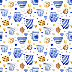 Watercolor seamless pattern. Blue tea cups, cookies, chocolate drops, sweets and hearts and confetti Isolated on a white background. - 548219873