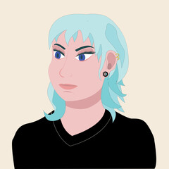 An informal girl with slanted elven eyes and blue hair. There is a piercing on the left ear and an earring-tunnel is inserted into the lobe. Informal appearance. 