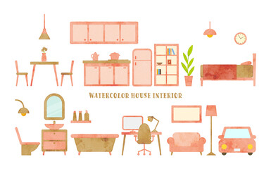 set of vector watercolor furniture illustration (pink, beige)