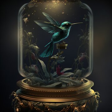 Bronze tailed Hummingbird in glass jar. generative ai