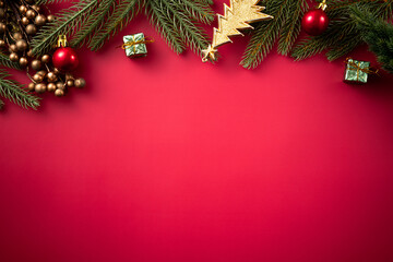 Christmas background design concept with beautiful decors and tree branch.