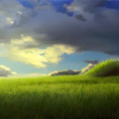 Fototapeta na wymiar きれいな草原、空、雲。心地良い風景。