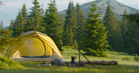 Tent and bonfire on the forest lawn in the mountains © sergeyxsp