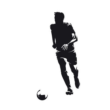 Soccer player running with ball, football, side view. Isolated vector silhouette