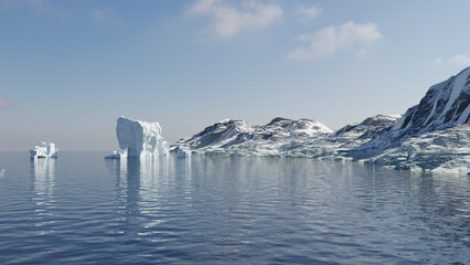 Rendering of antarctic landscape with floating ice bricks and mountain range