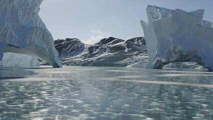 Rendering of antarctic landscape with cracked ice and mountains