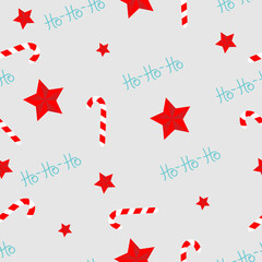 Seamless pattern with red christmas stars, caramel cane on grey background.