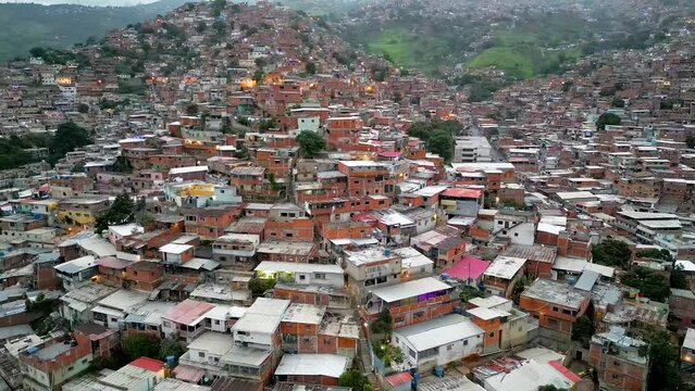 Aerial view of famous favelas of Caracas, Venezuela. Slums in poor residential district on the hills. The most dangerous cities in the world
