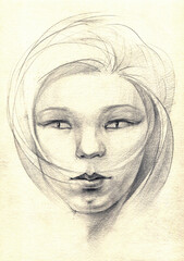 Portrait of a beautiful girl. Line drawing of a woman's face. Fashion Model with long hair. Fantasy Character