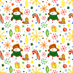 Seamless pattern. Watercolor illustration. Christmas snowmen with sleighs, gifts, Christmas toys, snowflakes, candies, confetti painted on a white background. For packaging, fabric, decor, etc.