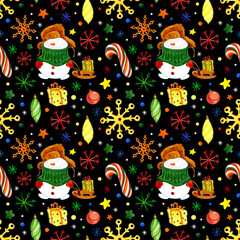 Watercolor illustration. Seamless pattern. Christmas snowmen, gifts, Christmas tree toys, snowflakes, candies, confetti painted on a black background. For packaging, fabric, decor, etc.