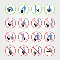 Set of toilet signs. WC icons. Restroom Signs Illustration. No pee sign. Set of prohibition signs.