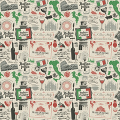 Seamless pattern on the theme of Italy and Italian cuisine in colors of Italian flag in retro style. Vector background with landmarks, food and drink. Suitable for wallpaper, wrapping paper, fabric