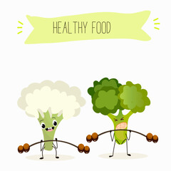 Vector illustration of funny cartoon character broccoli and cauliflower go in for sports, lift the barbell, healthy food, cuisine, ingredients, kids t-shirt design.