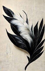 Canvas wall decor poster art. colorful leaves and feathers. 3d rendering white horse in black, gray background