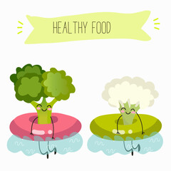 Vector illustration of funny cartoon character broccoli and cauliflower float in inflatable circles, chillat, healthy food, cuisine, ingredients, kids t-shirt design.