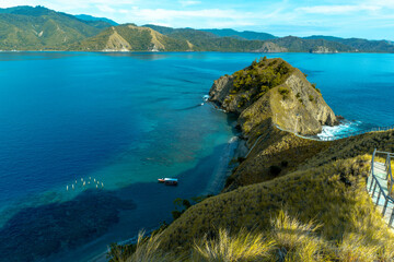 Beautiful view of Pulo Dua Balantak hill, view of blue sea and white clouds with blue sky located...