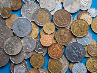 Heap of old and modern international coins. Concept of numismatics, coin collection, form of hobby