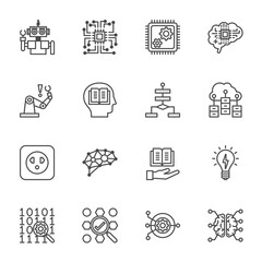 AI Artificial Intelligence technology and Machine Learning Icons, Vector thin line icons set.