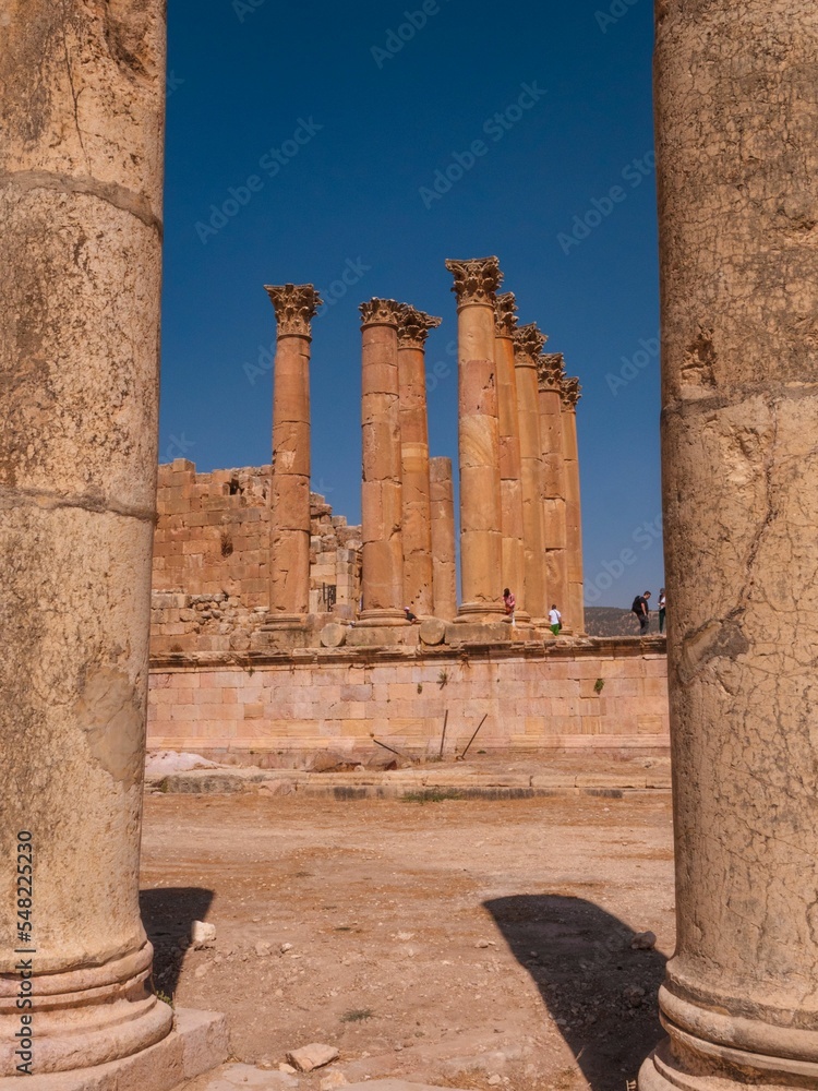 Poster Details of famous historical archaeological site with columns, ancient Roman structure in Jerash