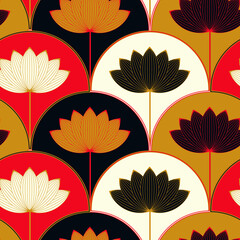 asian style lotus flower seamless pattern in red gold ivory shades