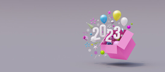 Happy New Year 2023 pop out from the box on grey background with copy space 3d render 3d illustration